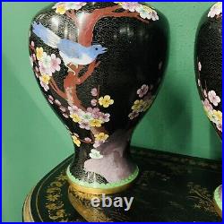 15 inch Pair Very Large Cloisonne Vases Pair, Bird, Flower Pattern Enamel