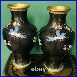 15 inch Pair Very Large Cloisonne Vases Pair, Bird, Flower Pattern Enamel
