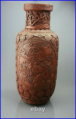 1736-1795 Large Chinese Cinnabar Lacquer Qianlong Period Antique Rouleau Vase