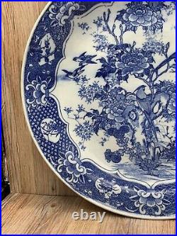 1850's Chinese Blue and White Transfer Large Dish Birds Floral Stamped
