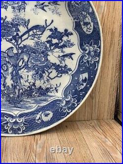 1850's Chinese Blue and White Transfer Large Dish Birds Floral Stamped