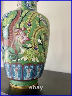 18 Large Cloisonné Year Of The Dragon Chinese Vase. Green withFloral Motifs
