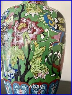 18 Large Cloisonné Year Of The Dragon Chinese Vase. Green withFloral Motifs