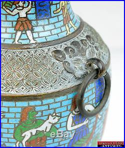 1920s Large Chinese Egyptian Revival Cloisonne Enamel Art Brass Bronze Urn Vase