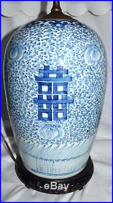 19th C Large Chinese blue and white porcelain temple jar with floral design Lamp