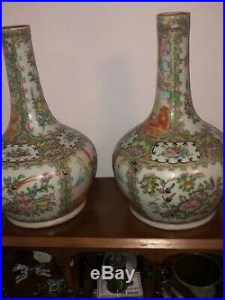 19th Century Chinese Famille Rose Medallion Bottle Vases Large Pair Qing Period