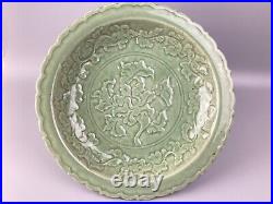 1 Ming Dynasty Longquan celadon Large plate-incised floral design