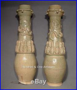 2 Antique 800 Years Old Chinese Song Dynasty Large Celadon Ceramic Dragon Vases