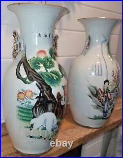 2 Antique Chinese Porcelain Vase Republic Poems Large Handles Geisha