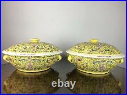 2 Famille Jaune Chinese Rose Medallion Porcelain Large Tureen with Lid