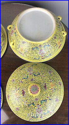 2 Famille Jaune Chinese Rose Medallion Porcelain Large Tureen with Lid
