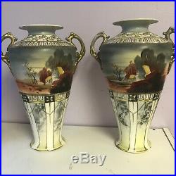 2 Large Antique Vase13 TALL Nippon Asian hand painted beaded moriage Vintage