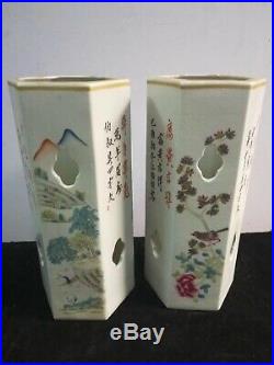 2 X Exquisite Large Chinese Porcelain Landscape Vases Handcarved Pot Marks