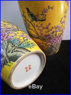 2 x Large Antique Porcelain Vases Beautiful Paintings of Birds & Plum Blossom