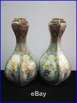2 x Large Chinese Colored Enamel Porcelain Vases Hand-carved Pot Marks QianLong
