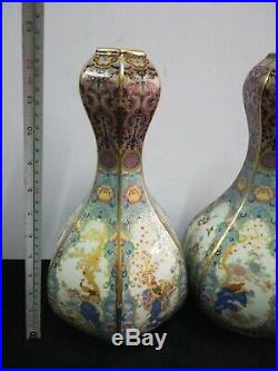 2 x Large Chinese Colored Enamel Porcelain Vases Hand-carved Pot Marks QianLong