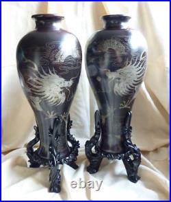 2 x Large Chinese Lacquer Meiping Vases Stands Dragons Pearl Silver Foochow 40cm