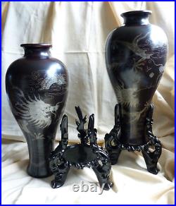 2 x Large Chinese Lacquer Meiping Vases Stands Dragons Pearl Silver Foochow 40cm