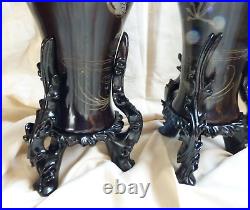 2 x Large Chinese Lacquer Meiping Vases Stands Dragons Pearl Silver Foochow 40cm