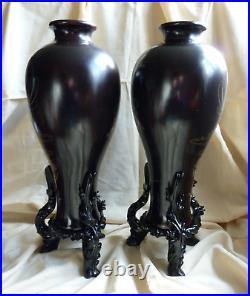 2 x Large Chinese Lacquer Meiping Vases Stands Dragons Pearl Silver Foochow 40cm