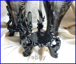 2 x Large Chinese Lacquer Meiping Vases Stands Dragons Pearl Silver Foochow 40cm