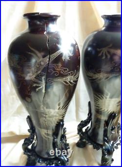 2 x Large Chinese Lacquer Meiping Vases Stands Dragons Pearl Silver Foochow 40cm