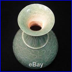 32cm Large Old Chinese LongQuan Green Glaze Flowers Carving Porcelain Vase