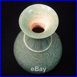 32cm Tall Very Large Old Chinese Hand Carving Flowers Green Glaze Porcelain Vase