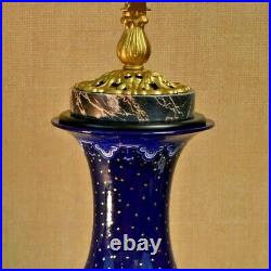 33 24k Gold Pin Dot Midnight Blue Peony Chinese Porcelain Vase Lamp- Jingdezhen