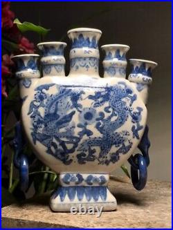 70s Large Chinese Vintage Tulipiere Crocus BLUE-WHITE 5 Necks Qing-Dynasty Vase