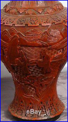 ANTIQUE 18c CHINESE RED LACQUERED LARGE CINNABAR IMMORTALS ON LANDSCAPE VASE 14