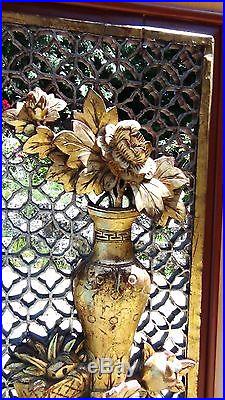 ANTIQUE 19c CHINESE LARGE ROSEWOOD CARVED PIERCED PANEL PLAQUE VASE With FLOWERS