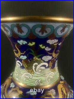 ANTIQUE CHINESE LARGE (40cmH) CLOISONNE ENAMELED VASE WITH DRAGONS AND CLOUD