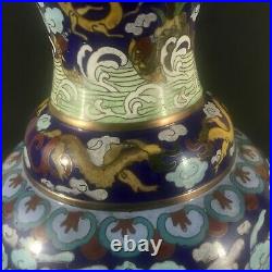 ANTIQUE CHINESE LARGE (40cmH) CLOISONNE ENAMELED VASE WITH DRAGONS AND CLOUD