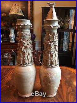 A Pair Large Chinese Song Dynasty Yingqing Funerary Vases, Damaged