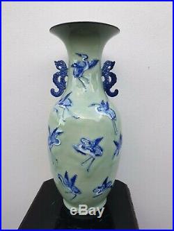 A Rare Chinese Large 18th C Qianlong Celadon-ground Blue & White Cranes Vase