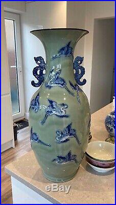 A Rare Chinese Large Qing Qianlong Celadon-ground Blue & White Cranes Vase