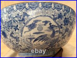 A Very Large Blue Painted Chinese Oriental Bowl with Dragon and Phoenix