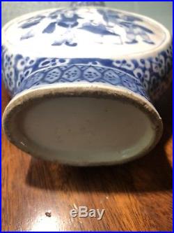A large/fine Chinese 19C blue&white figural pilgrim bottle vase-Moon Vase No Res