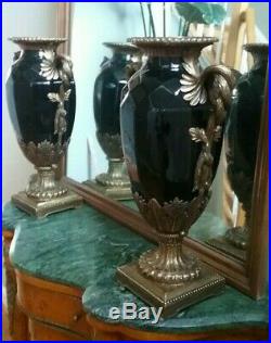 A pair of Large Vintage Chinese Black Porcelain & Brass Vases 19 high