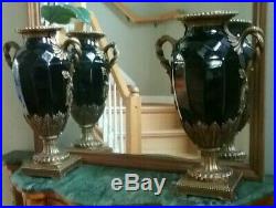 A pair of Large Vintage Chinese Black Porcelain & Brass Vases 19 high