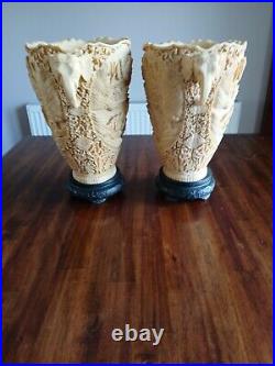 A pair of Vintage Carved Resin/Soapstone Oriental Vases Elephant Head Handles