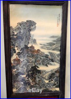 Amazing X-large Old Chinese Porcelain Landscape Painting On Tile Signed