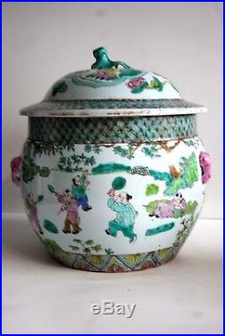 Antique 18-19 C Chinese Famille Rose Large Jar With Elephant Handles/ Marked