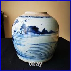 Antique 18th C. Chinese Porcelain Blue & White Landscape Scene Large Jar