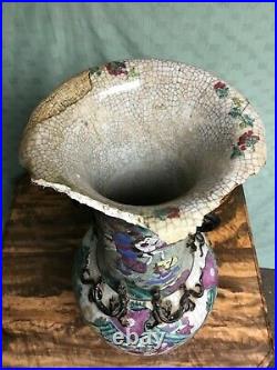 Antique Asian Rose Mandarin Signed Porcelain Large Vase Dragons Handled
