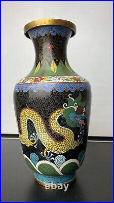 Antique Black Cloissonne Vase with Dragons. Large, Great Condition Signed