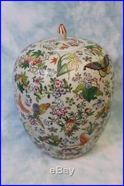 Antique Ca 1840 Celadon large Chinese Ginger Jar with Lid Enameled Butterflies