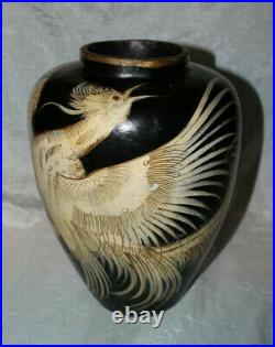 Antique Ceramic Chinese Vase Large 11 1/2 inch White Crane Black Gold