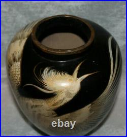 Antique Ceramic Chinese Vase Large 11 1/2 inch White Crane Black Gold